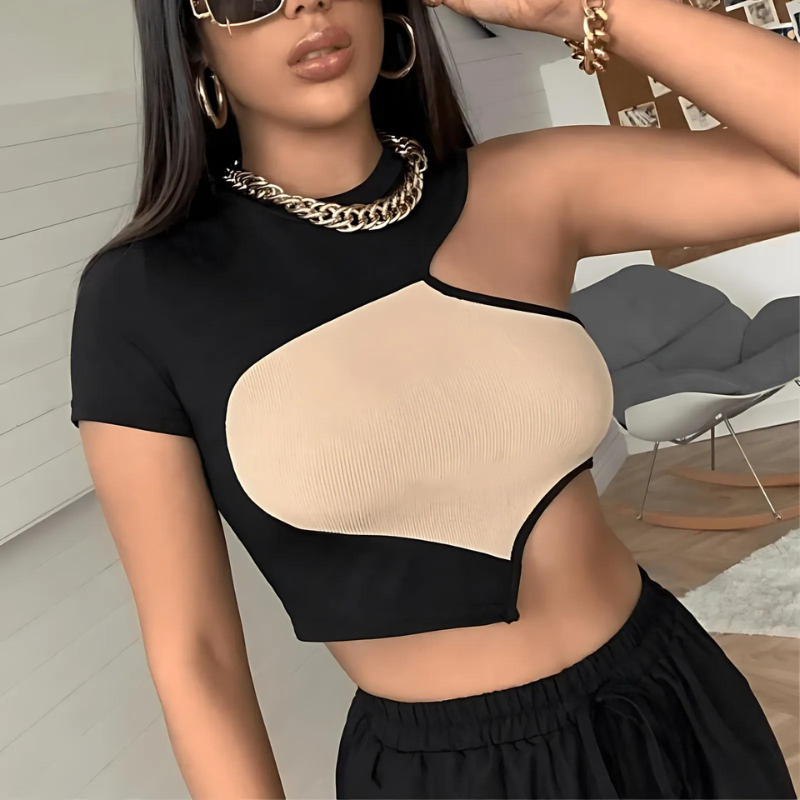 Ribbed Knit Asymmetrical Black and Beige Cut Out Cropped Top