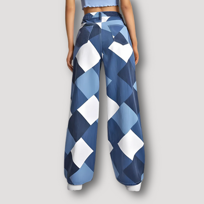 Wide Leg Diamond Geometric Pattern Patchwork Style Jeans