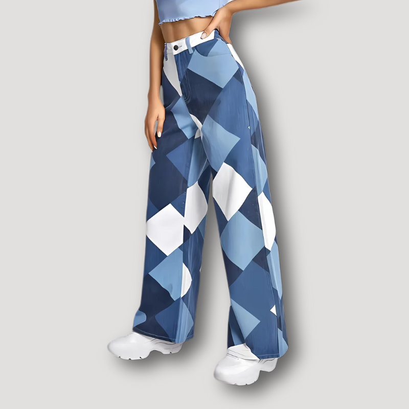 Wide Leg Diamond Geometric Pattern Patchwork Style Jeans