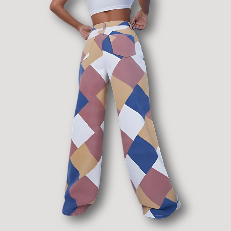 Wide Leg Diamond Geometric Pattern Patchwork Style Jeans