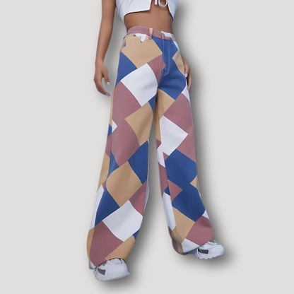 Wide Leg Diamond Geometric Pattern Patchwork Style Jeans