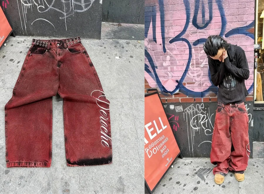 Harajuku Samurai Embroidered Oversized Jeans - High Waist - Straight Leg Pants