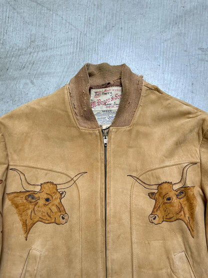 Western Suede Bomber Jacket - Vintage - Cowboy - Embroidered - Zip-Up - Beige