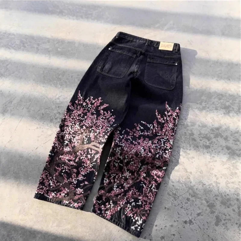 Harajuku Samurai Embroidered Oversized Jeans - High Waist - Straight Leg Pants
