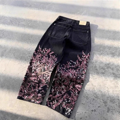 Harajuku Samurai Embroidered Oversized Jeans - High Waist - Straight Leg Pants
