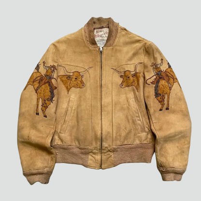 Brown jacket with bull embroidery on a textured gray surface
