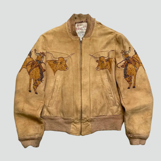 Brown jacket with bull embroidery on a textured gray surface