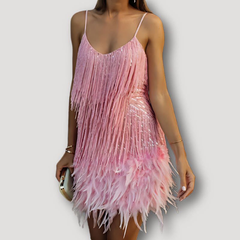 Women's Sequin Spaghetti Strap Sexy Mini Tassel Dress