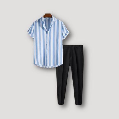 Short Sleeve Blue Striped Shirt and Pants Set