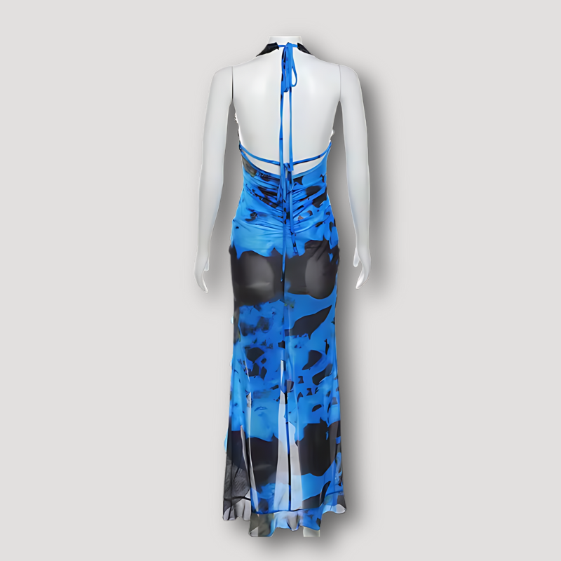 Floral Tie Waist Wrap Style Ruffled Slit Blue Maxi Dress