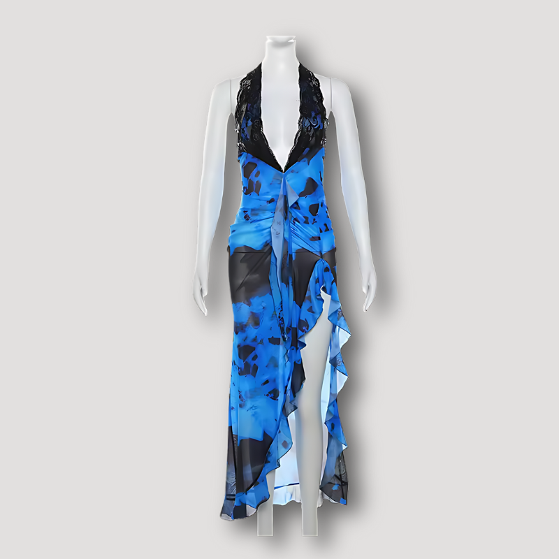 Floral Tie Waist Wrap Style Ruffled Slit Blue Maxi Dress