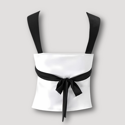 Black and White Satin Color Block Back Bow Tie Crop Top