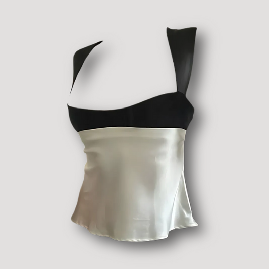 Black and White Satin Color Block Back Bow Tie Crop Top