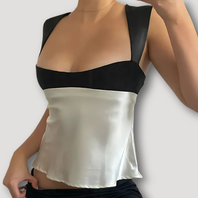 Black and White Satin Color Block Back Bow Tie Crop Top