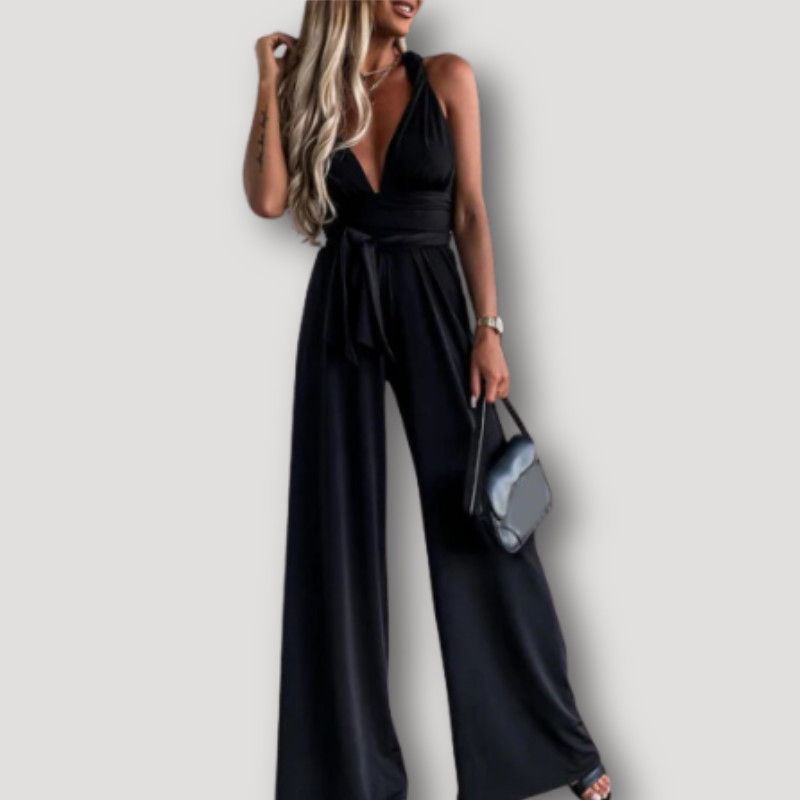 Cap Sleeves Tie Waist Flared Leg Cross Back Overall Jumpsuit Women