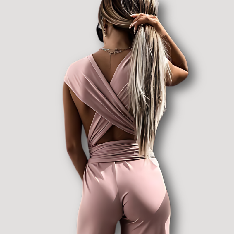 Cap Sleeves Tie Waist Flared Leg Cross Back Overall Jumpsuit Women