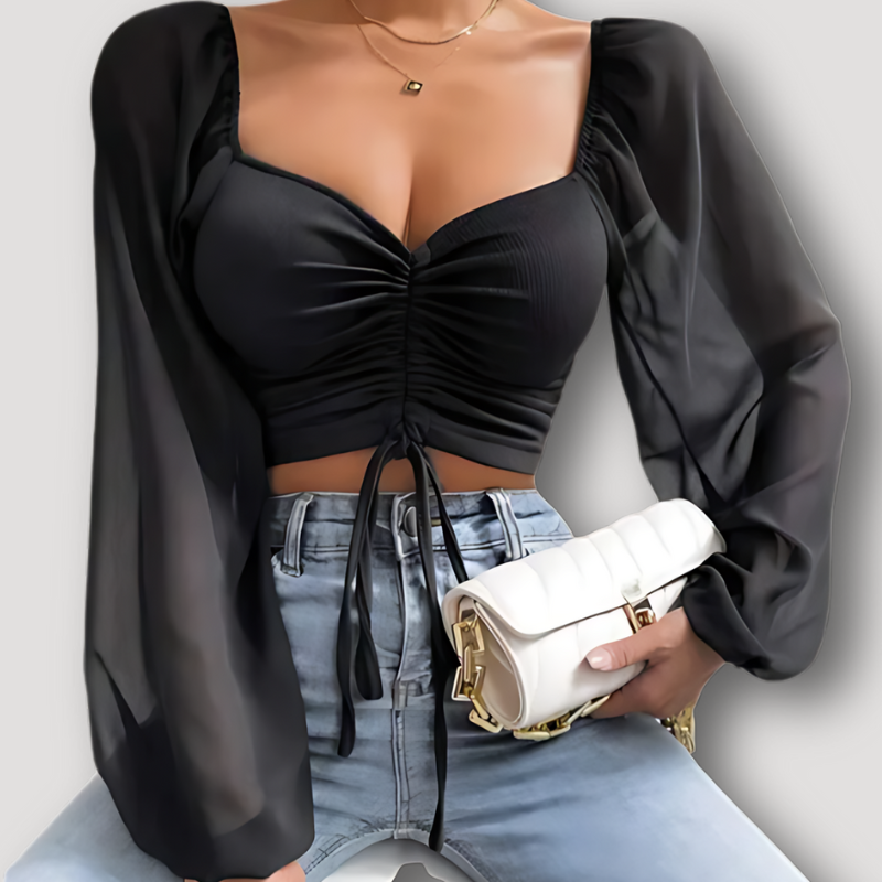 Chiffon Long Lantern Sleeve Ruched Tie Front Crop Tops for Ladies