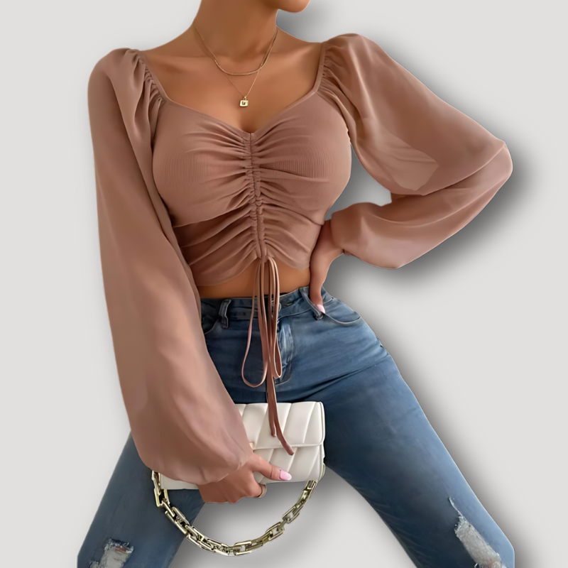 Chiffon Long Lantern Sleeve Ruched Tie Front Crop Tops for Ladies