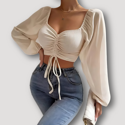 Chiffon Long Lantern Sleeve Ruched Tie Front Crop Tops for Ladies