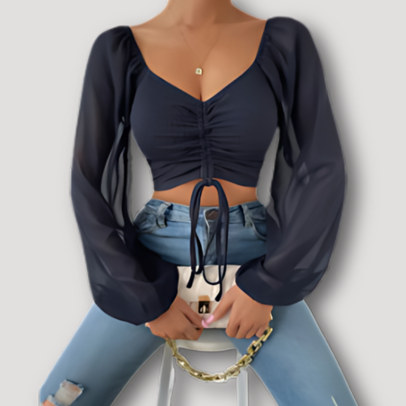 Chiffon Long Lantern Sleeve Ruched Tie Front Crop Tops for Ladies