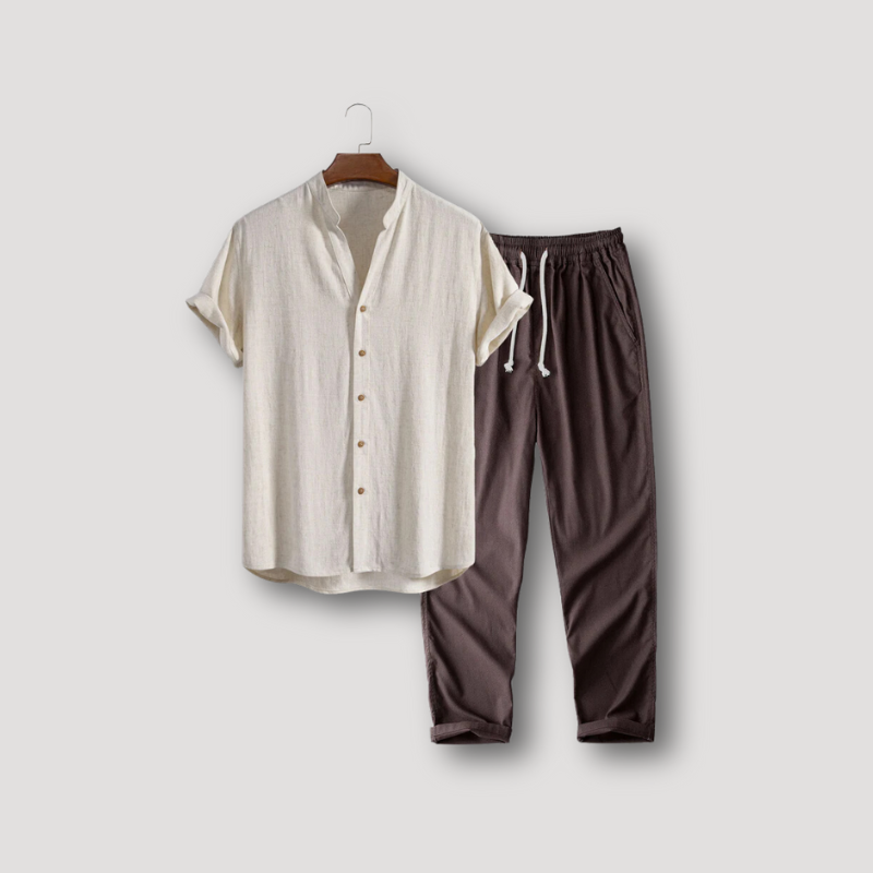 Button Up Henley Shirt Linen Pants Casual Summer Set