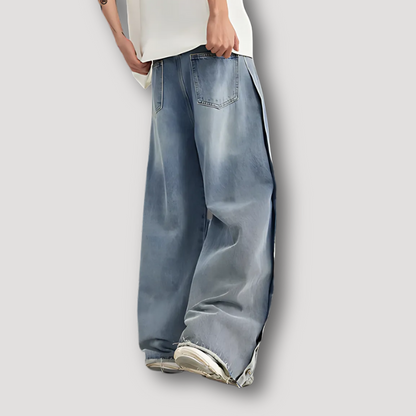 Side Breasted Ripped Wide Leg Baggy Jeans For Men