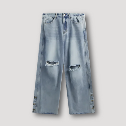 Side Breasted Ripped Wide Leg Baggy Jeans For Men