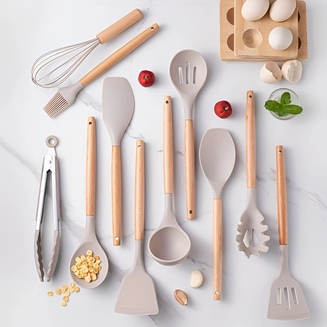 Silicone Utensils Set - 12 Piece Set - Bamboo Handles - BPA-Free Cooking