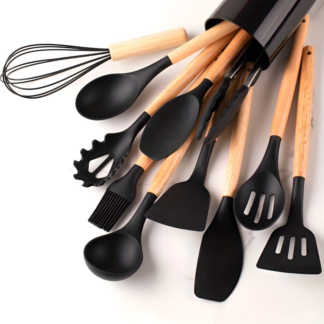 Silicone Utensils Set - 12 Piece Set - Bamboo Handles - BPA-Free Cooking