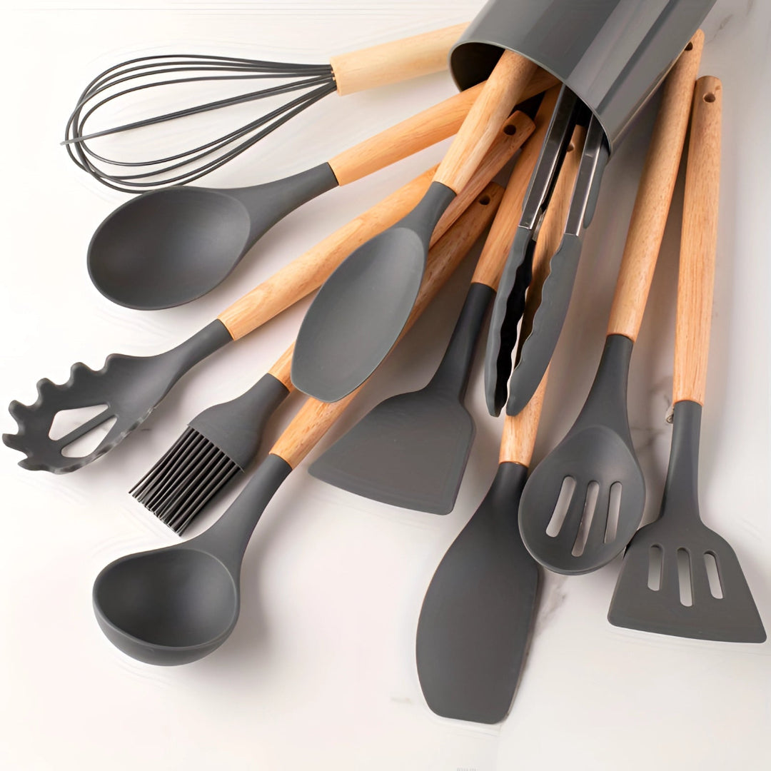 Silicone Utensils Set - 12 Piece Set - Bamboo Handles - BPA-Free Cooking