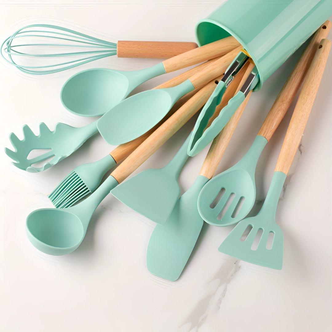 Silicone Utensils Set - 12 Piece Set - Bamboo Handles - BPA-Free Cooking