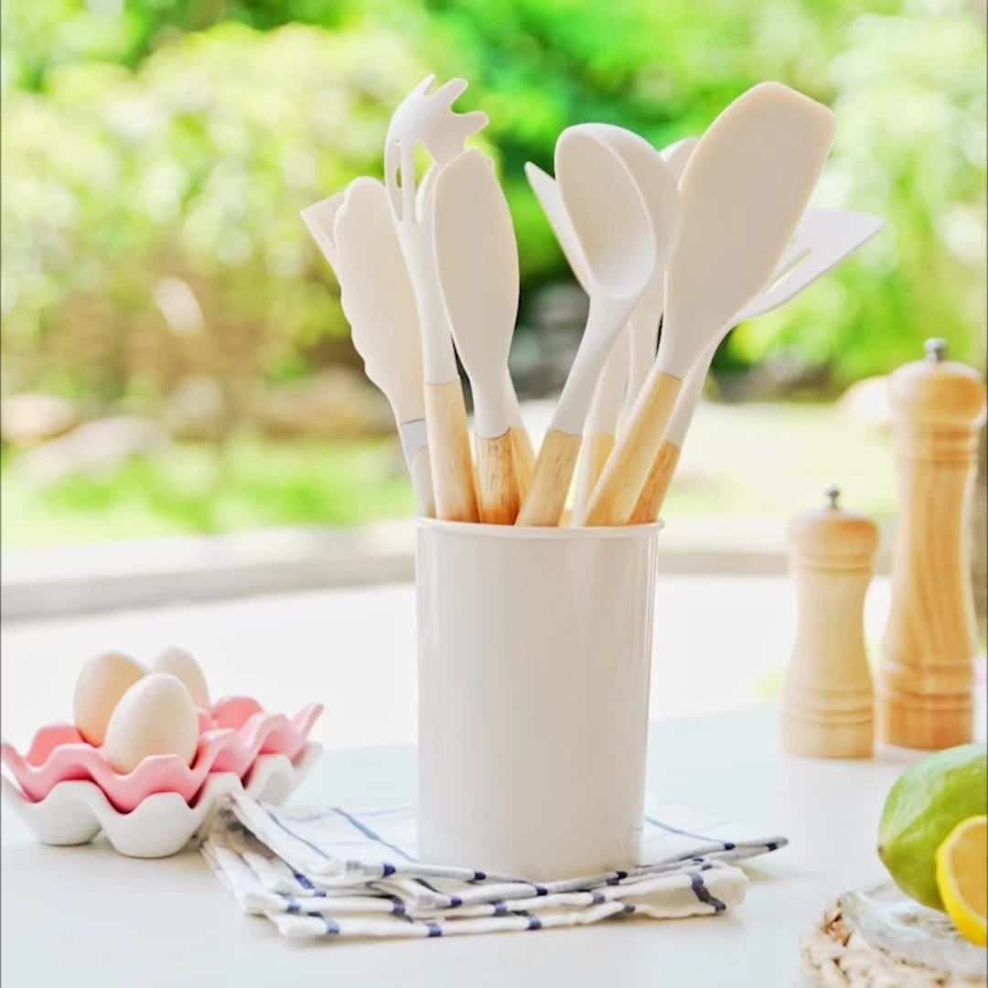 Silicone Utensils Set - 12 Piece Set - Bamboo Handles - BPA-Free Cooking