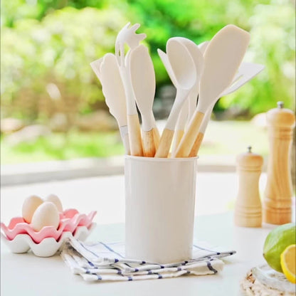 Silicone Utensils Set - 12 Piece Set - Bamboo Handles - BPA-Free Cooking