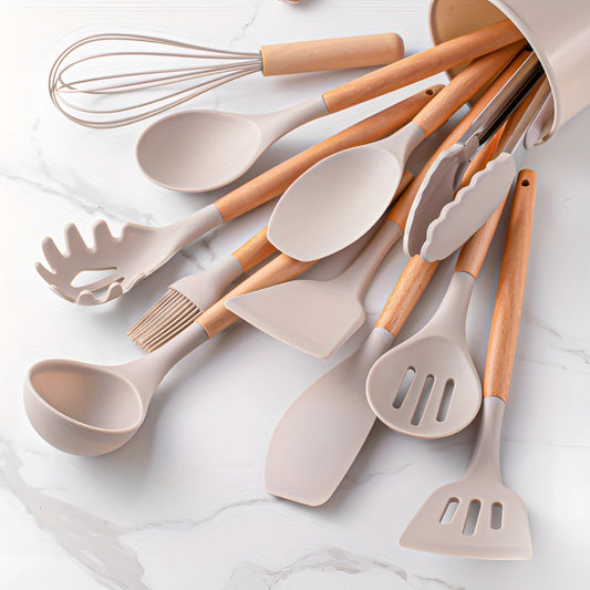 Silicone Utensils Set - 12 Piece Set - Bamboo Handles - BPA-Free Cooking