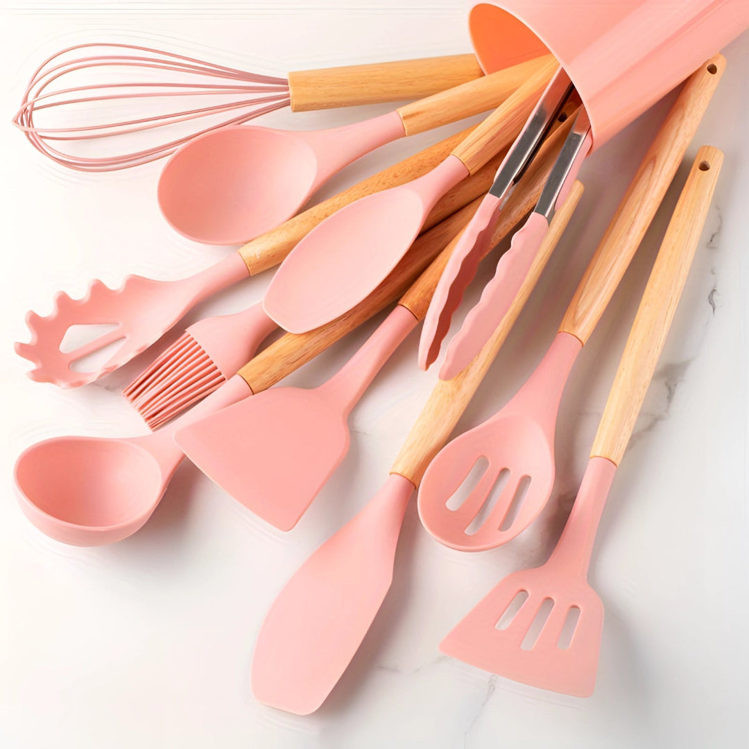 Silicone Utensils Set - 12 Piece Set - Bamboo Handles - BPA-Free Cooking