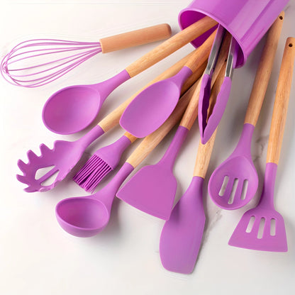 Silicone Utensils Set - 12 Piece Set - Bamboo Handles - BPA-Free Cooking