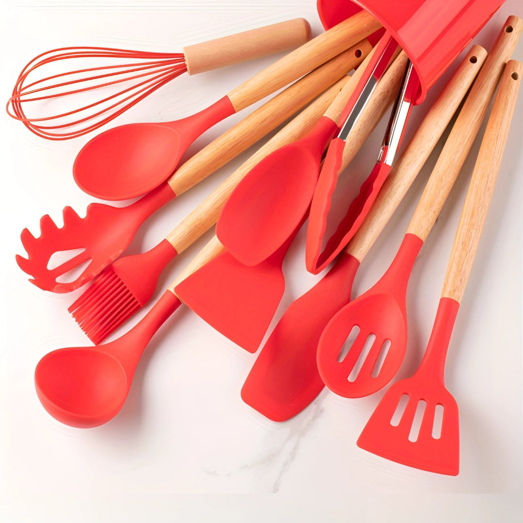 Silicone Utensils Set - 12 Piece Set - Bamboo Handles - BPA-Free Cooking
