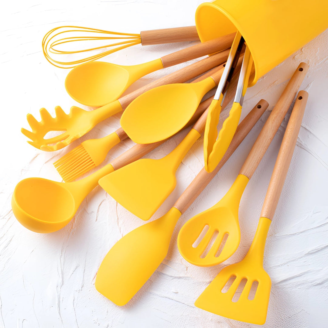 Silicone Utensils Set - 12 Piece Set - Bamboo Handles - BPA-Free Cooking