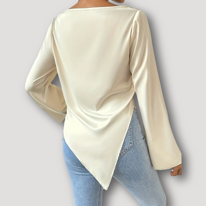 Cowl Neckline Asymmetric Long Flared Sleeve Satin Blouse Ladies