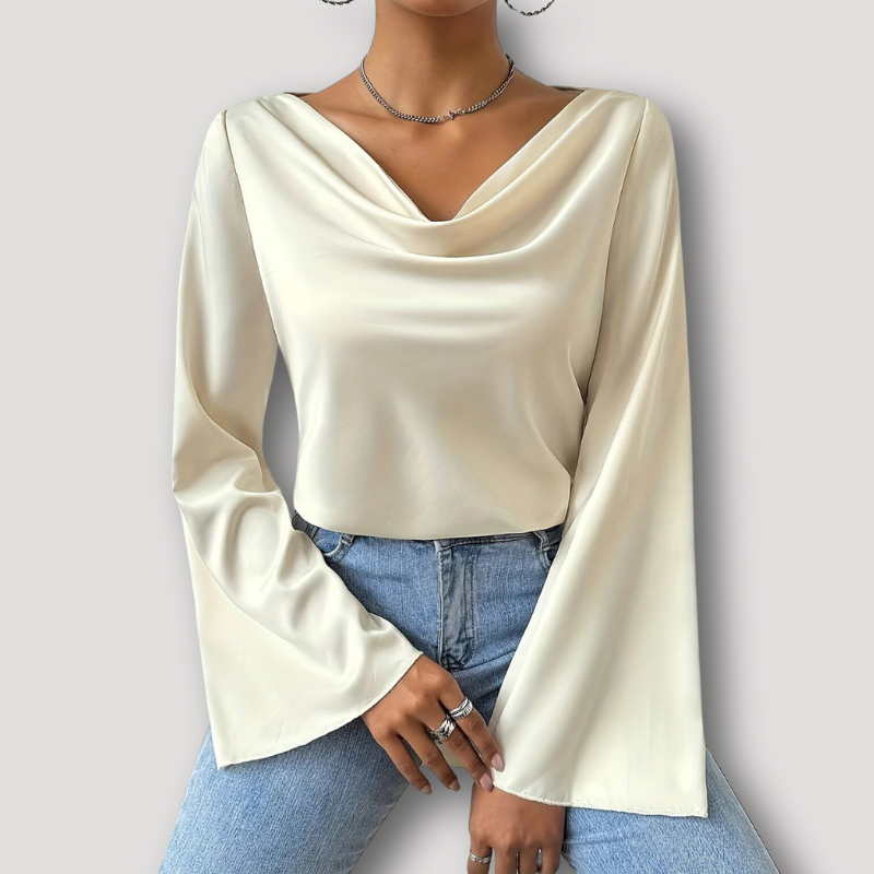 Cowl Neckline Asymmetric Long Flared Sleeve Satin Blouse Ladies