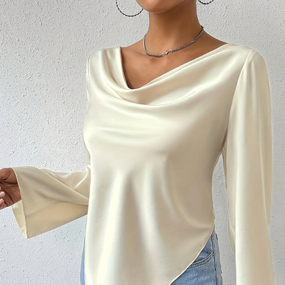 Cowl Neckline Asymmetric Long Flared Sleeve Satin Blouse Ladies