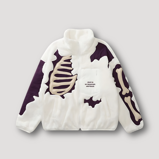 3D Skeleton Embroidery Patchwork Soft Fleece Jacket