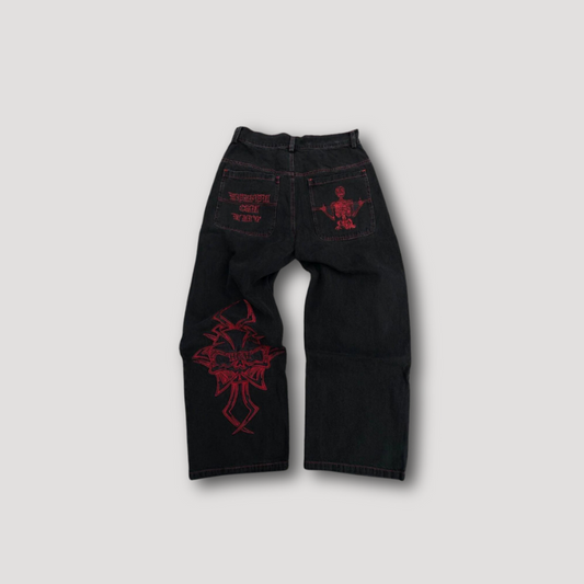 Skull Cross Bones Embroidery Baggy Jeans