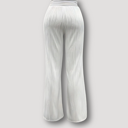 White Wavy Pattern High Waist Hollow Out Wide Leg Pants Women