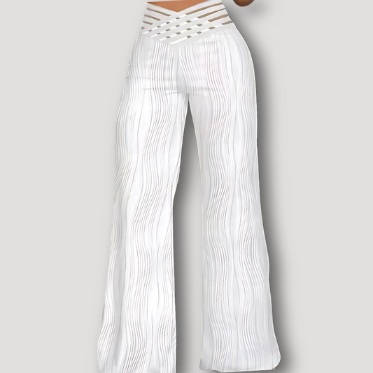 White Wavy Pattern High Waist Hollow Out Wide Leg Pants Women