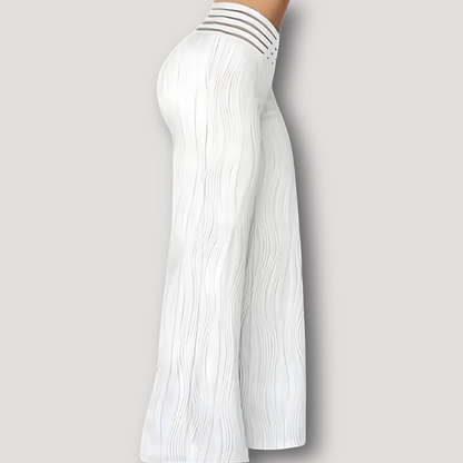 White Wavy Pattern High Waist Hollow Out Wide Leg Pants Women