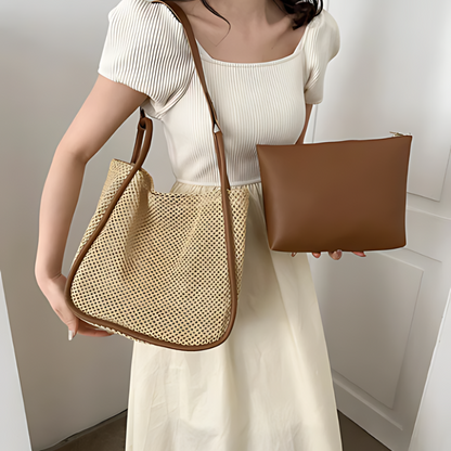 Woven Straw Rectangular Bohemian Style Shoulder Tote Bag Bang