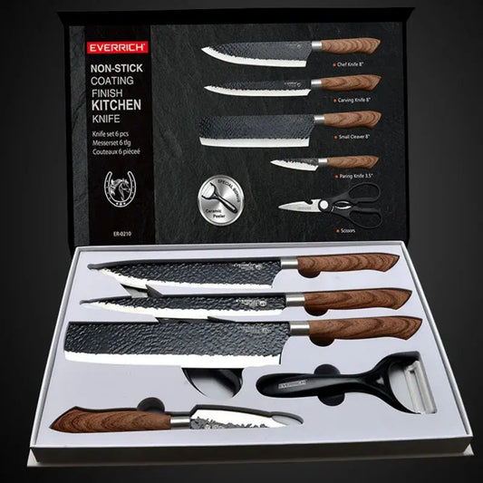 Stainless Steel Knives Set - Multifunctional - Wood Handles - None-Stick Coating