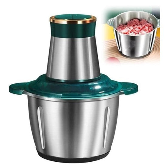 Stainless steel and green kitchen chopper with minced meat in a bowl on a white background