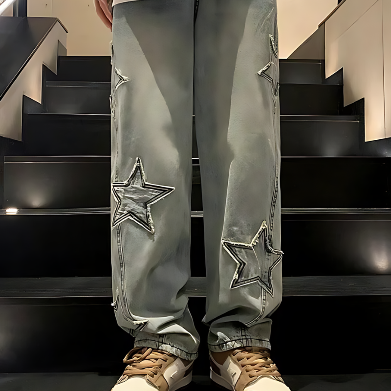 Hip Hop Star Embroidery Patches Baggy Jeans Men